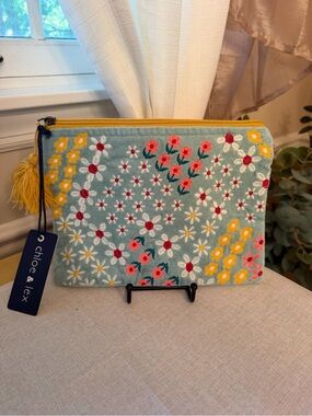 CHLOE & LEX Floral Embroidered Blue cosmetic or everything bag NWT